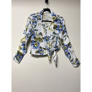 JOIE 100% Linen White/Blue/Green Floral Wrap Top, L/S, Sz S